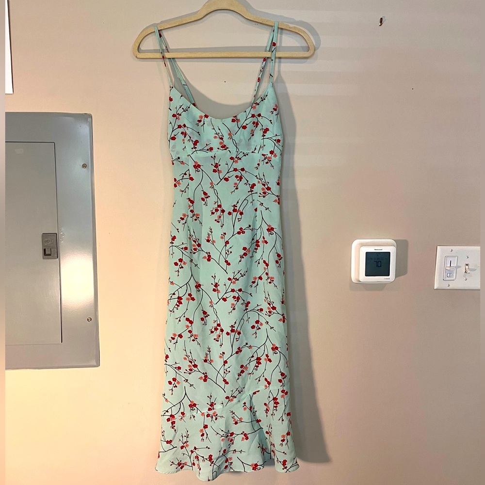 Express midi dress spaghetti strap, light blue with cherry blossom pattern